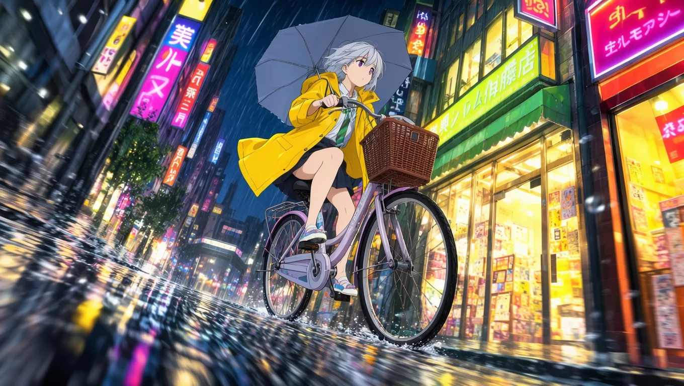 Anime girl with silver hair and a yellow raincoat riding a bicycle on a neon street at night