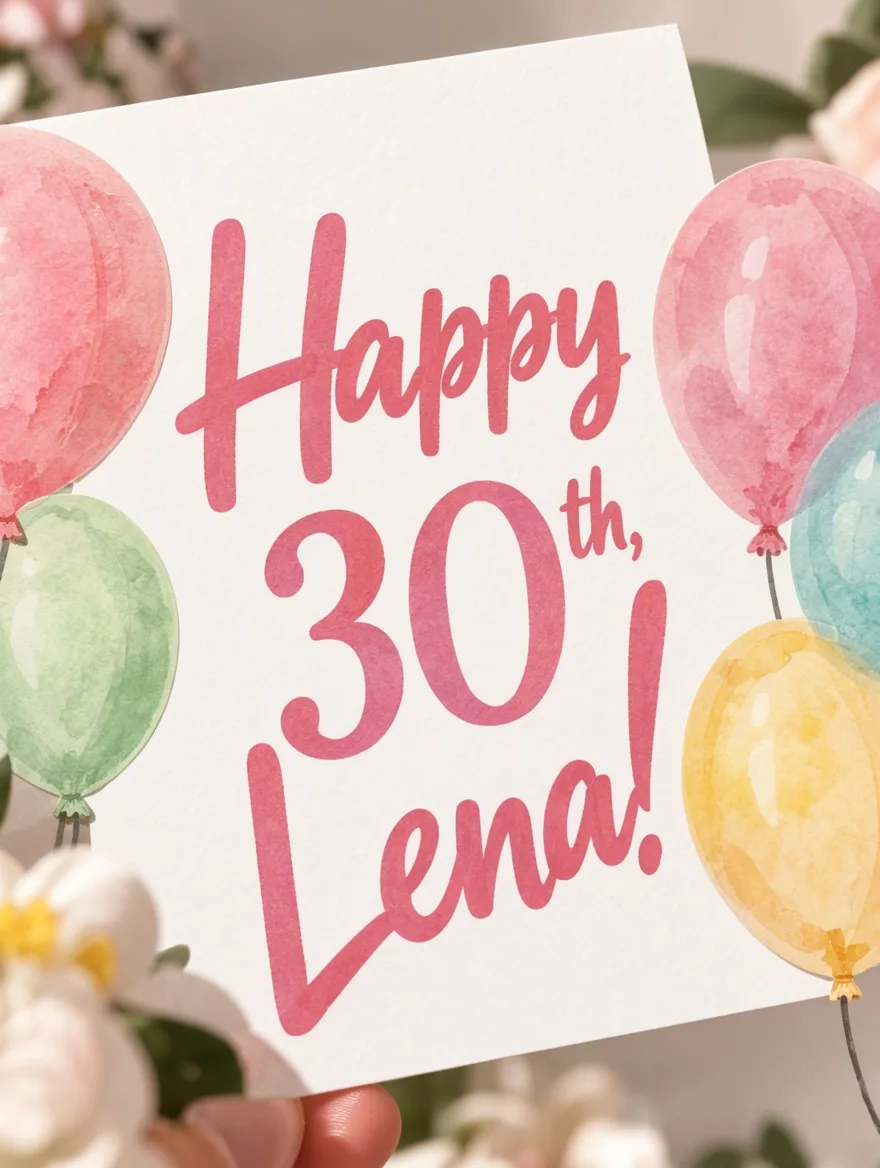 Watercolor birthday card reading Happy 30th, Lena with floating balloons