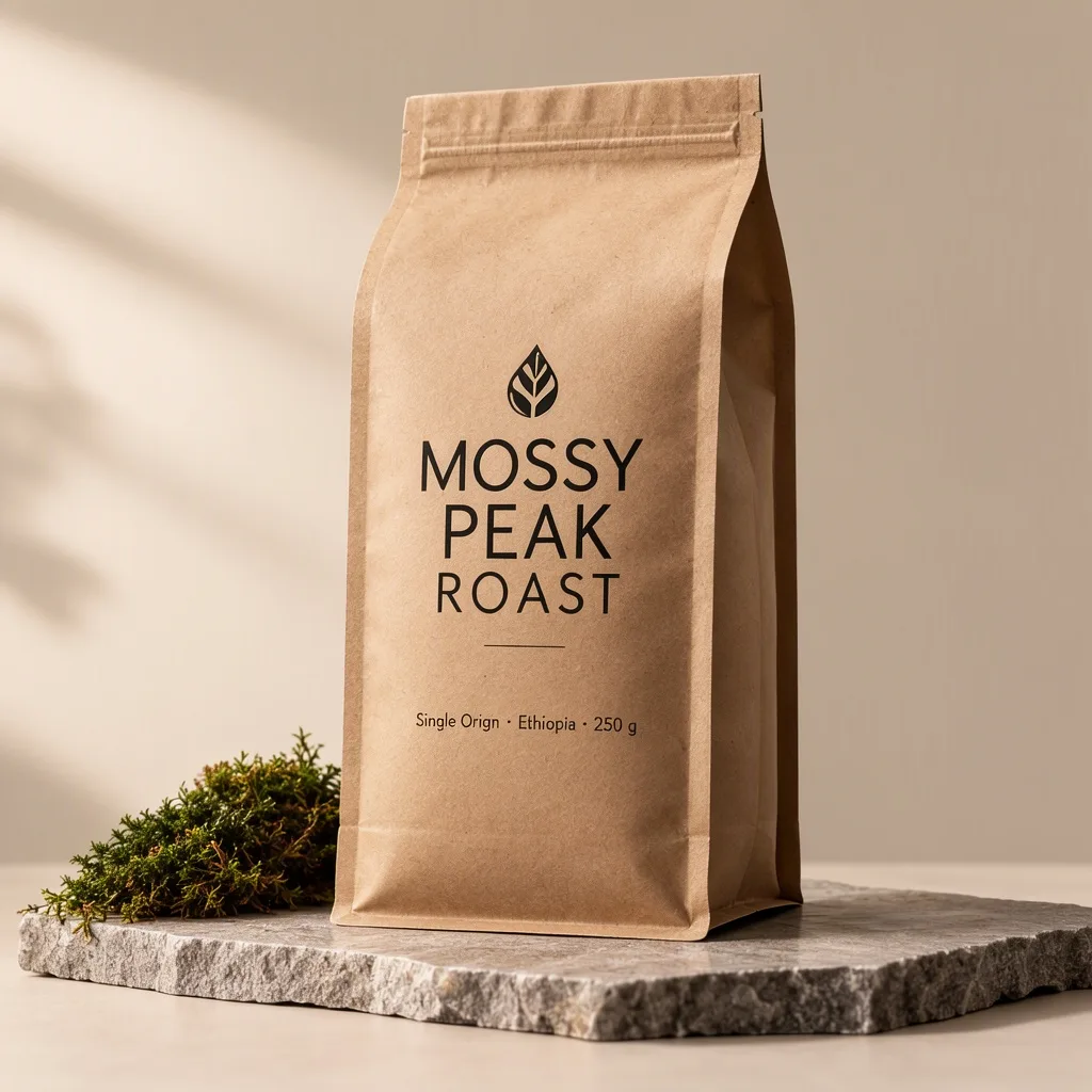 Kraft paper coffee bag labeled Mossy Peak Roast on a grey stone slab