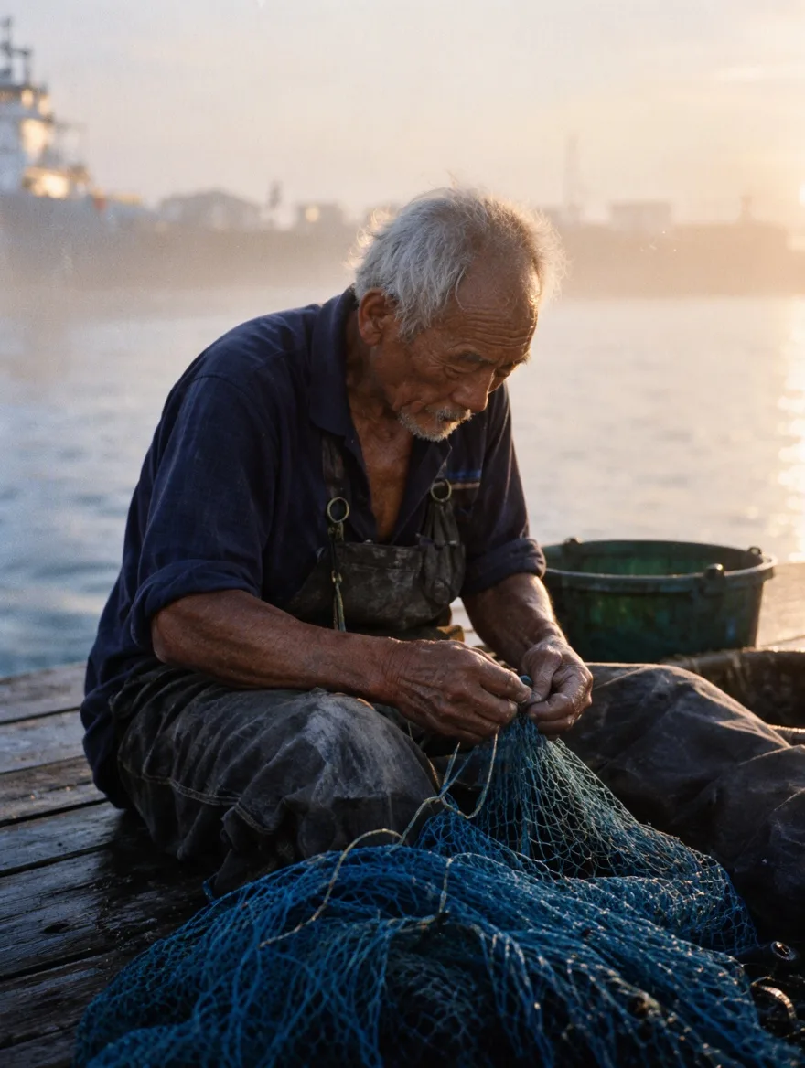 Film photo of an elderly fisherman mending a blue net on a pier at dawn