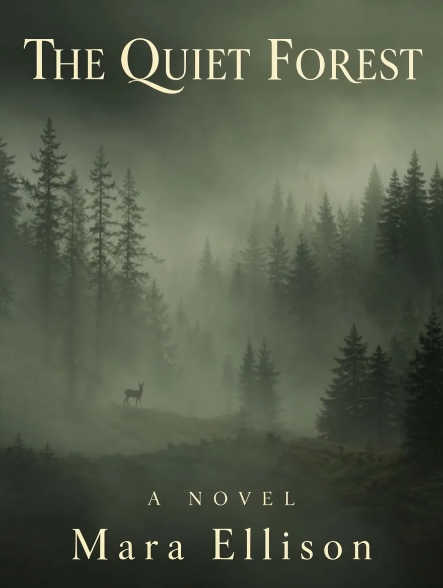 Novel cover titled The Quiet Forest with a deer among pine trees in fog