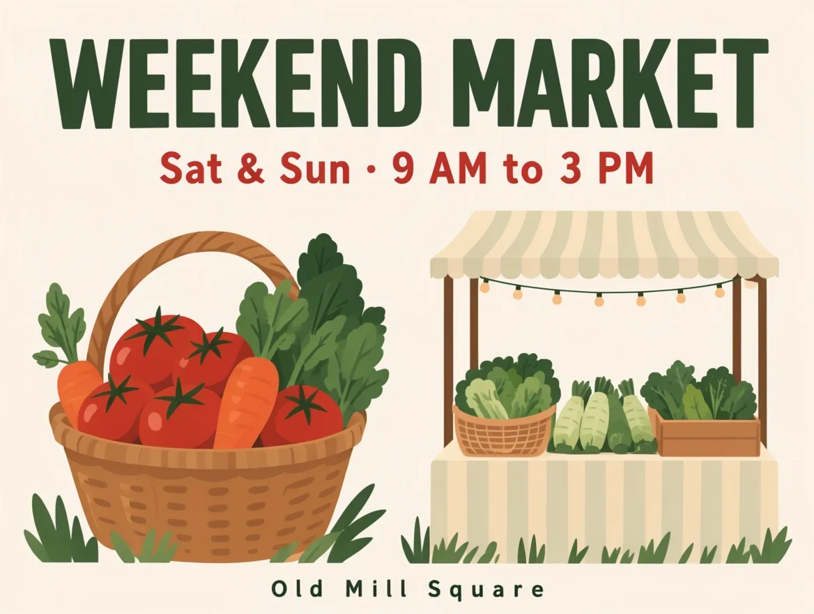 Weekend market poster generated from the layout: headline, subtitle, a vegetable basket on the left and a market stall on the right